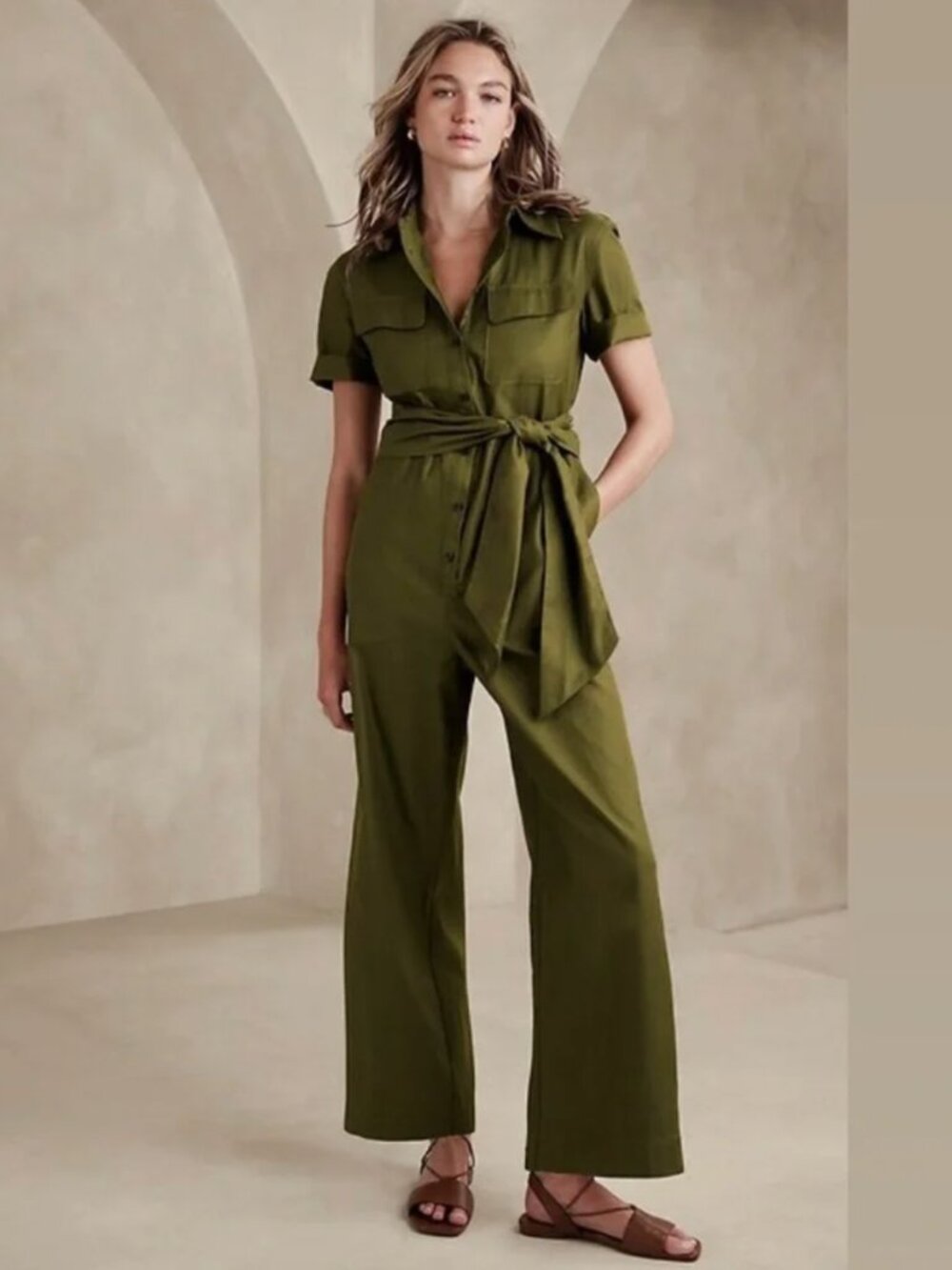 SALE! Banana Republic Wide Leg Green Cotton Lyocell Jumpsuit, Small Petite
